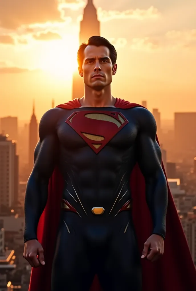 Create an image of Henry Cavill as Superman in 4k at sunset 