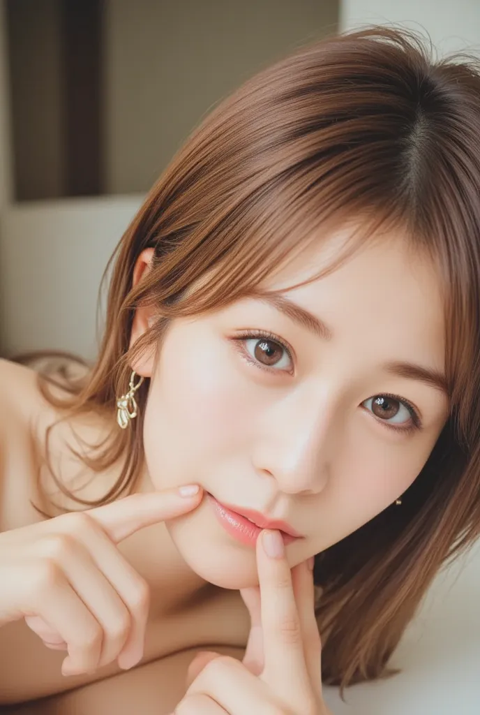    girl、{{   My eyes are shining   、smile、    Wavy Hair with Movement }:1.4}、、 {{very clear and delicate light brown eyes}}、( :1.2), (   RAW photo, highest qualそれy), (     nudes:1.4),    table top,      Extremely Delicate and Beautiful  ,    very detailed,...