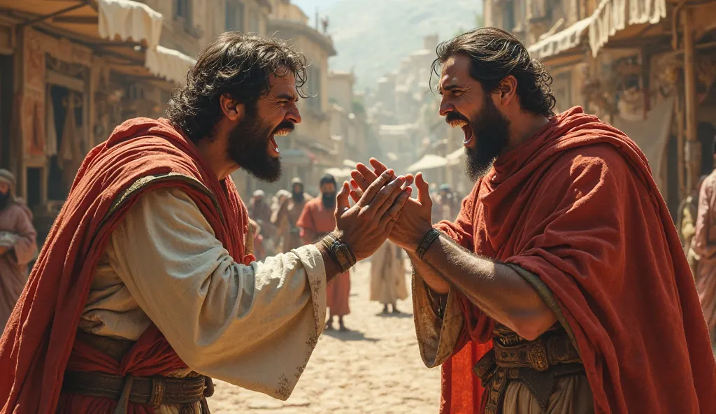 2 men from the time of Christ, cursing and angry with each other, in the middle of the village