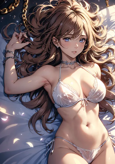 top quality　 mystical  、  bed sheets with a provocative look　　Dramatic Lighting、Faint、sorrow、 pubic area composition (( Dutch angle sleeping on your back  ))((、wearing a beautiful white bikini))　myth ,   beautiful single woman in a good suit  、 、  Tragic h...