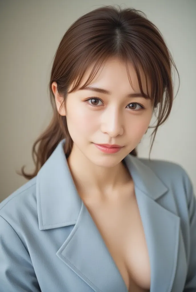    girl、{{   ponytail、My eyes are shining   、smile、    Wavy Hair with Movement }:1.4}、、 {{very clear and delicate light brown eyes}}、( :1.2), (   RAW photo, highest qualそれy), (     nudes:1.4),    table top,      Extremely Delicate and Beautiful  ,    very ...