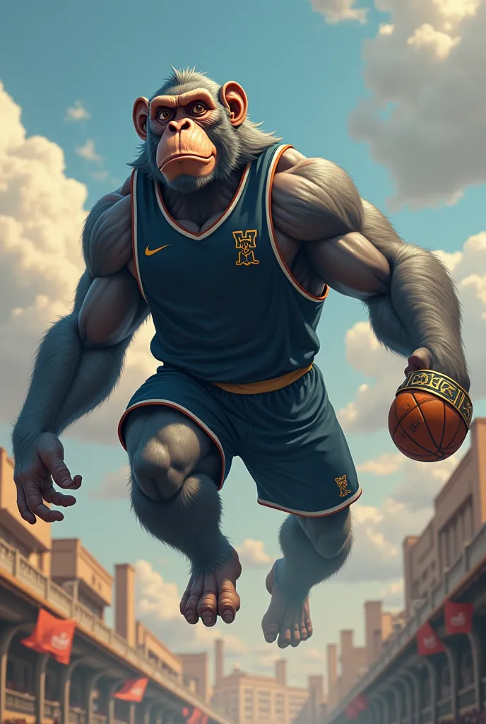 An NFT picture of a huge and large cartoon gray monkey flying wearing Suleiman's ring on his right hand. He has huge macho muscles and has signs of strength and greatness 
 He wears a dark blue basketball uniform. The picture has artistic dimensions bearin...