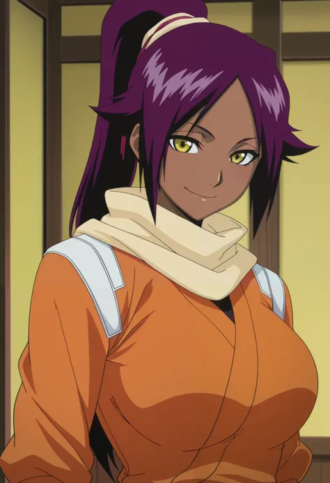 1girl,solo,mm,mature female,dark-skinned female,purple hair,yellow eyes,long hair,ponytail,large breasts,anime coloring,
orange jacket,scarf,upper body, looking at viewer, smile, indoors, 
,masterpiece,best quality,amazing quality,