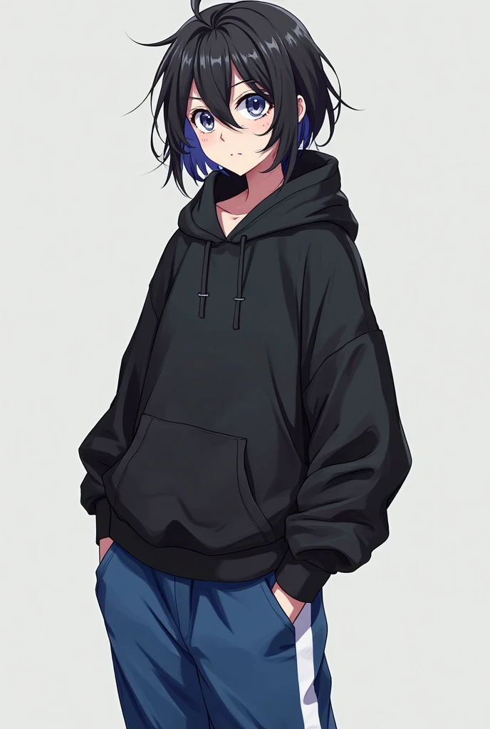 anime character with fringe mid fade haircut, all black hoodie and blue jogger with white stripes