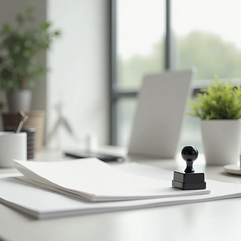 desk with white papers and a self-inking rubber stamp in the foreground against the background of a window with daylight