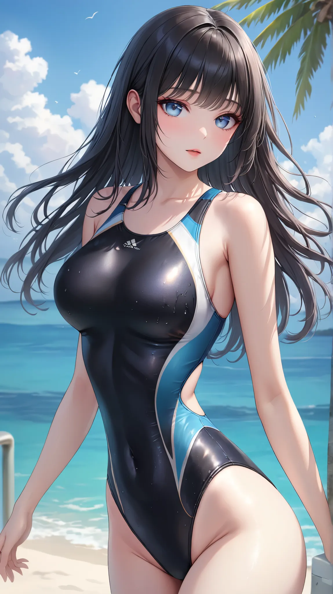 (masterpiece,best quality,ultra detailed,high resolution),(realistic:0.3),model shot,looking viewer,daytime,lady,black hair,cool eyes,competition swimsuit,wide hips,