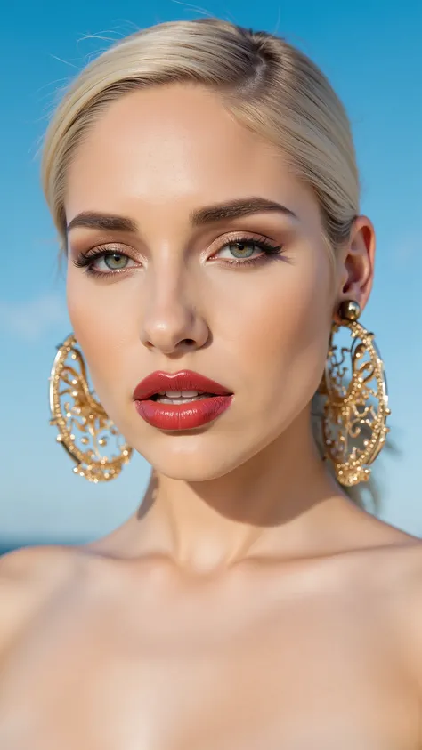 A hyper-detailed, avant-garde photograph featuring a striking woman with pale light skin against a clear, light blue sky. Her nude low-angle mid shot highlights the smooth texture of her flawless complexion. Shimmering metallic eyeshadow enhances the depth...