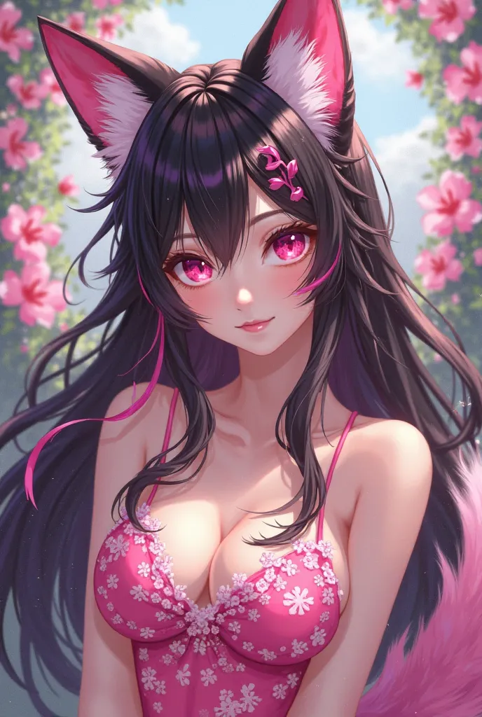 Long-haired black woman with pink highlights, pink fox ears,  pink fox tail and pink eyes . flowery pink swimsuit. Manhwa comic book