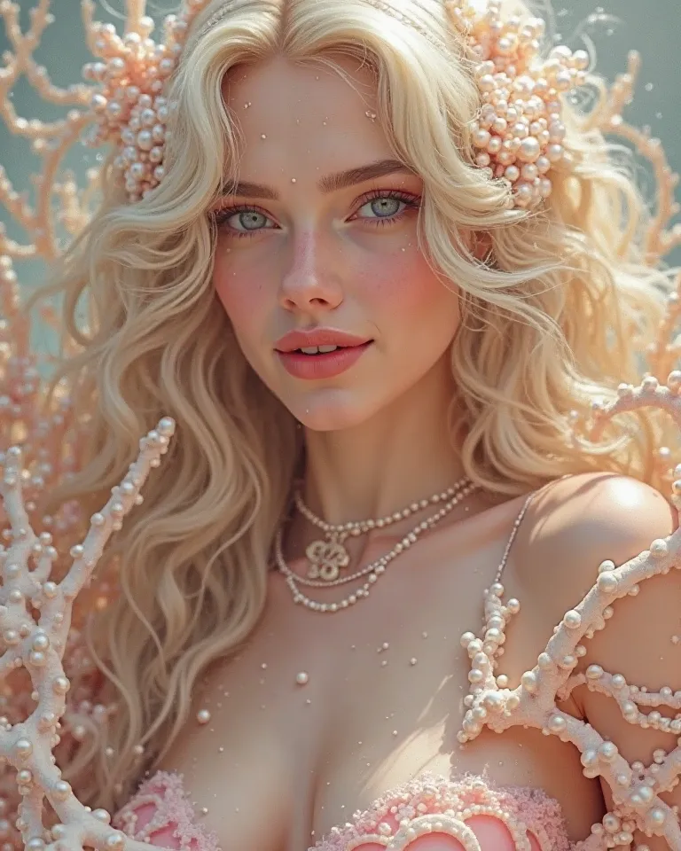 A hyper-realistic 4K Art Nouveau digital painting of a nude goddess of pearl, she smiles cutely, she bare body, her hair cascades like soft ocean waves, adorned with iridescent pearls and coral, surrounded by intricate creamy white and soft pink gemstone p...