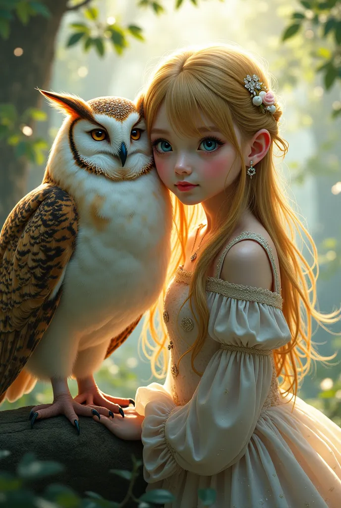 Create a fancy picture of an anime girl with an owl that says princesse Lbouma on top 