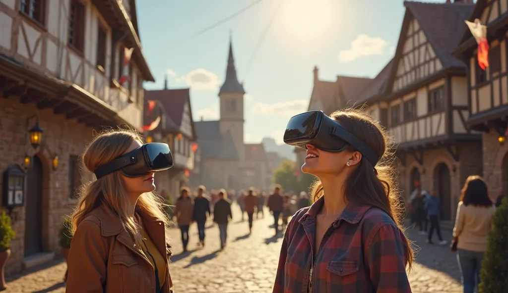 Visitors Exploring a Virtual Reality Tour of the Town
Depict individuals using VR headsets to immerse themselves in a recreated medieval town environment.
