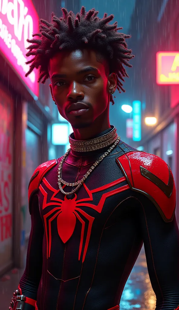 Ultra-realistic 8K portrait of Playboi Carti as Miles Morales (without mask), standing confidently in a neon-lit Brooklyn alley. Hyper-detailed close-up, cinematic lighting. Carti's features: youthful caramel skin with dewy sweat, sharp almond-shaped brown...