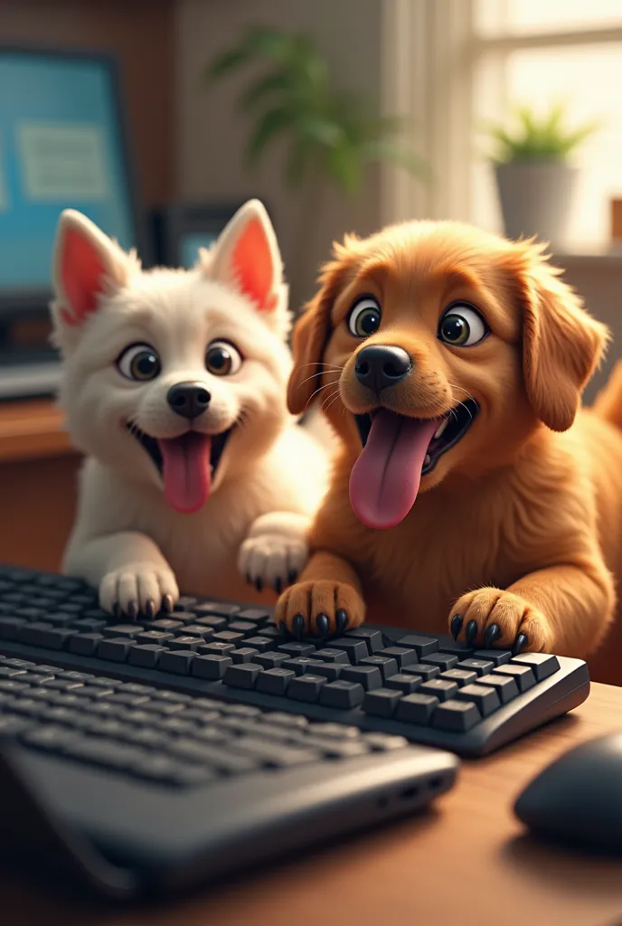 Two dogs are knocking on the keyboard