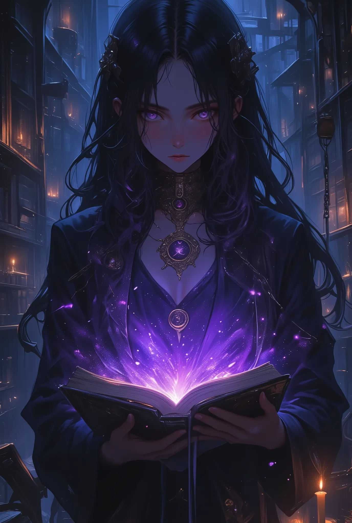 Mysterious Woman, A Forbidden Book, The books that are seal, Hesitation and Curiosity,  Chains and Locks, Arcane Symbols, Forbidden Knowledge, Dark Library, Flickering Candlelight, Dust and Shadows, Eerie Aura, Glowing Seal, Arcane Symbols,  Mystical Energ...