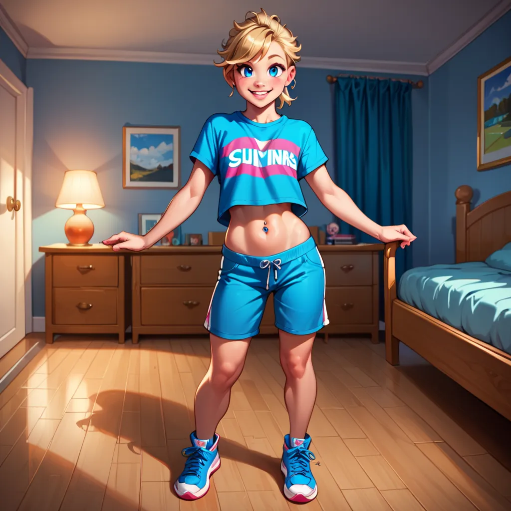 Score_9, Score_8_up, Score_7_up, A stunning, intricate full-color (full body) ultra wide angle, front view, perfectly detailed masterpiece image of Riley Anderson in her bedroom, 8K UHD. The image is done with extreme sharp focus, and natural lighting. blo...