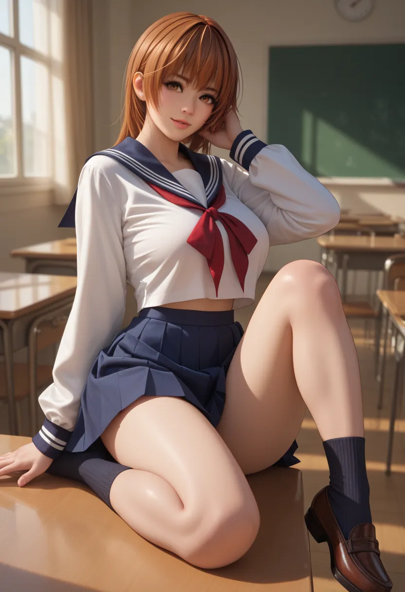 Kasumi Dead or Alive, Big breasts, long sleeve sailor blouse,  brown eyes, school skirt, nice legs, school socks, school shoes 