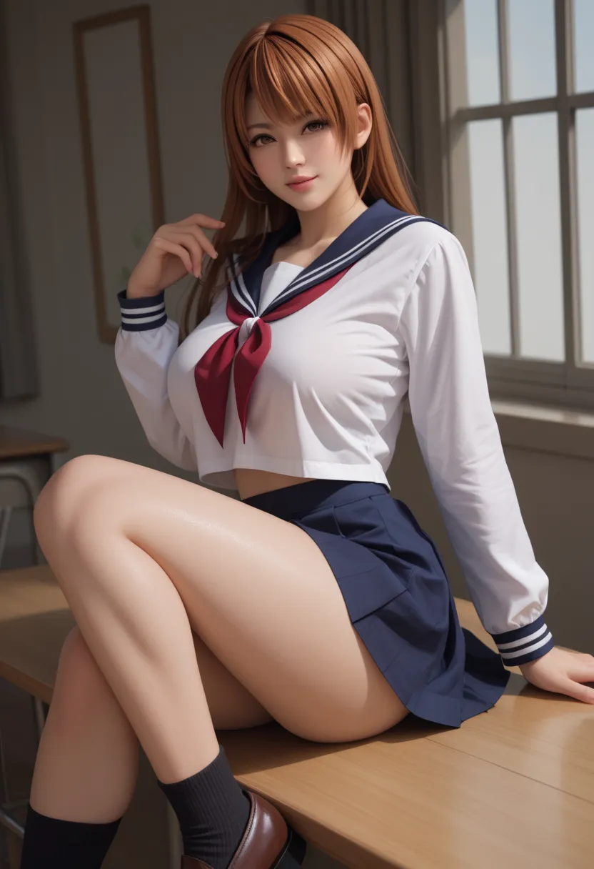 Kasumi Dead or Alive, Big breasts, long sleeve sailor blouse,  brown eyes, school skirt, nice legs, school socks, school shoes 