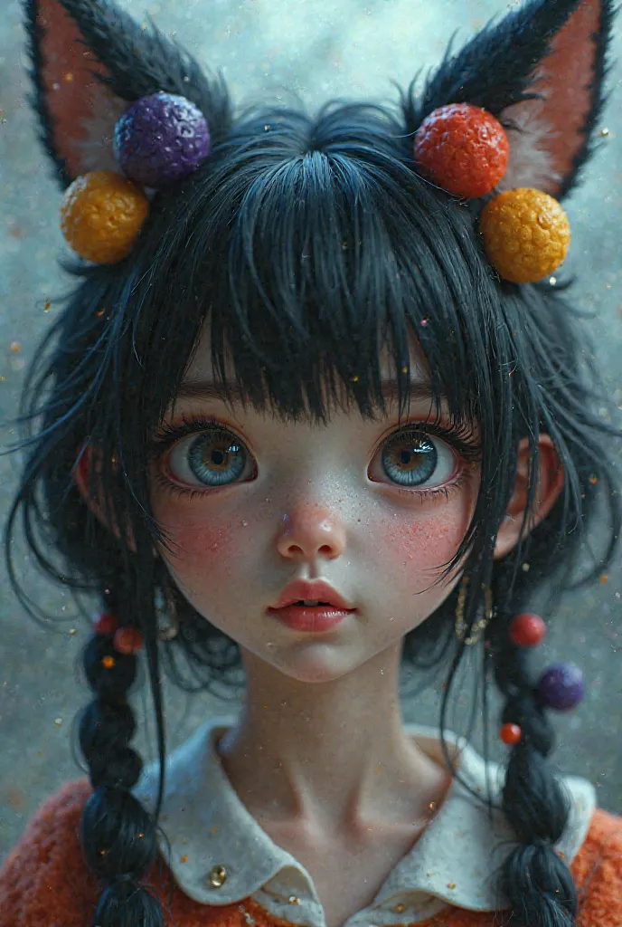 black hair, hair bobbles, wince, longeyelashes, solid circle eyes, fake animal ears, light smile, ear blush, fang, ccurate, Surrealism, drop shadow, anaglyph, stereogram, tachi-e, pov, atmospheric perspective, 8k, super detail, best quality