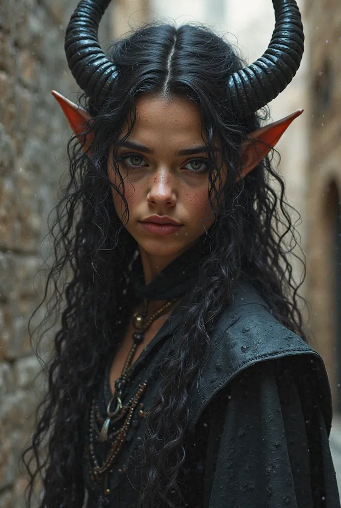 All of the Tiefling race with a humanoid appearance and an androgynous demon, black hair, hellish characteristics, persuasion and deception skills, but a lot of charisma, that in the medieval era, with fair brown skin and curly hair that is intertwined wit...