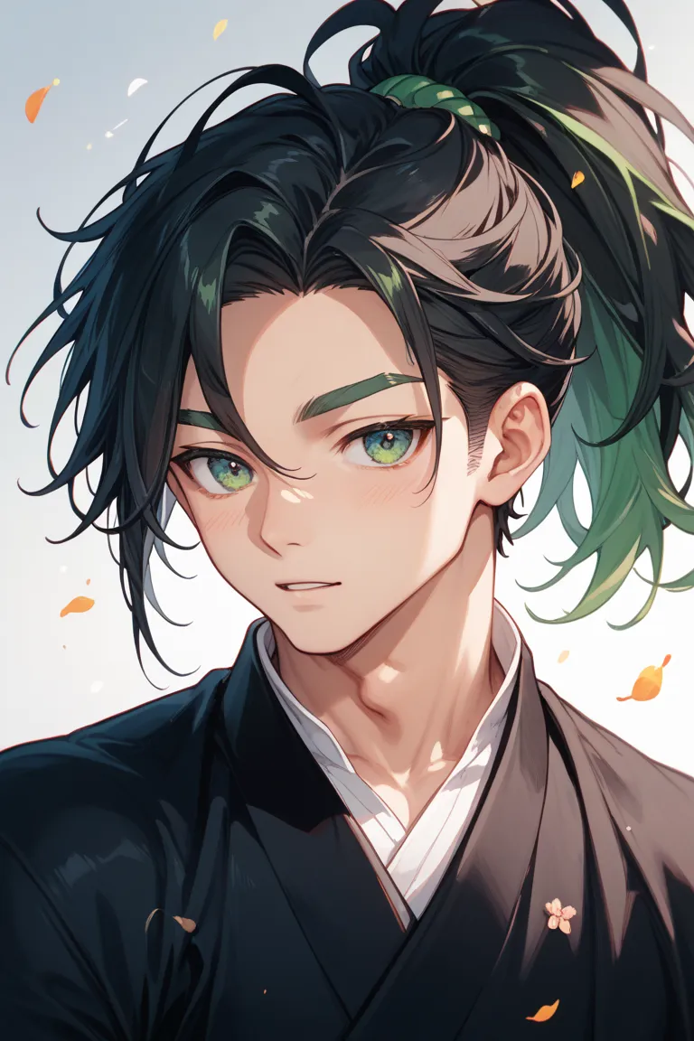 black hair ponytail。 male。
Saliformes
My eyes are green
Eyebrows that thicken along the tip of the eyebrow。 black。
wearing a black kimono。
tall 175cm～per 180cm
