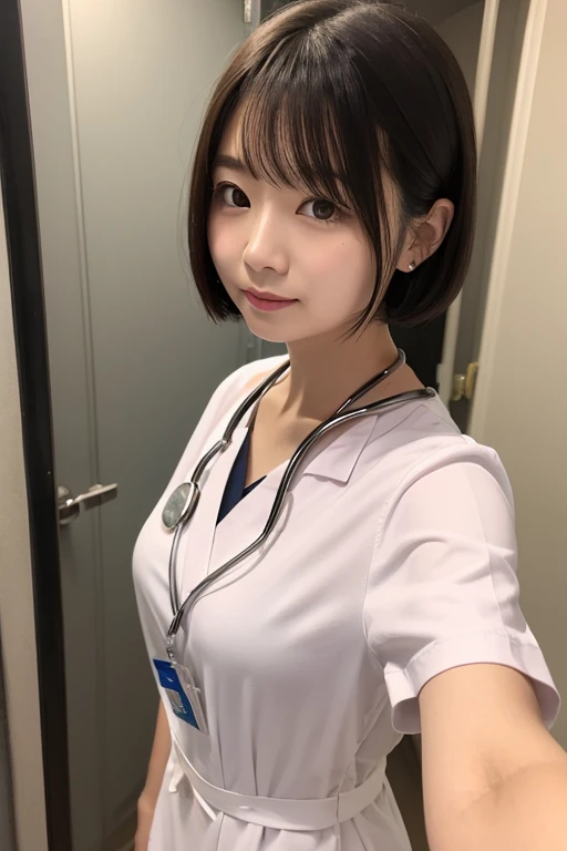 Japanese woman、short bob hair、White Mask、turns her gaze, 　nurse clothes，selfie，changing room