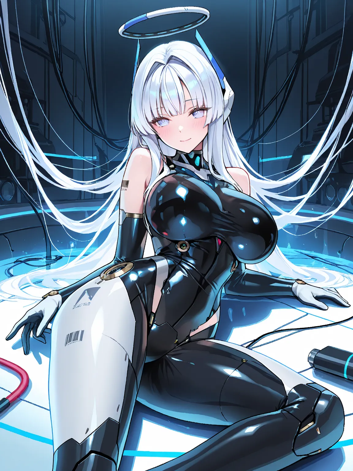 android, cyborg, highres, beautiful, machine_girl, broken, damaged, broken body, mechanical parts, masterpiece, game cg, young girl, hair intakes, shiny eyes, eye contact, leggings, detached sleeves, halo, masterpiece, best quality, highly detailed, bishou...