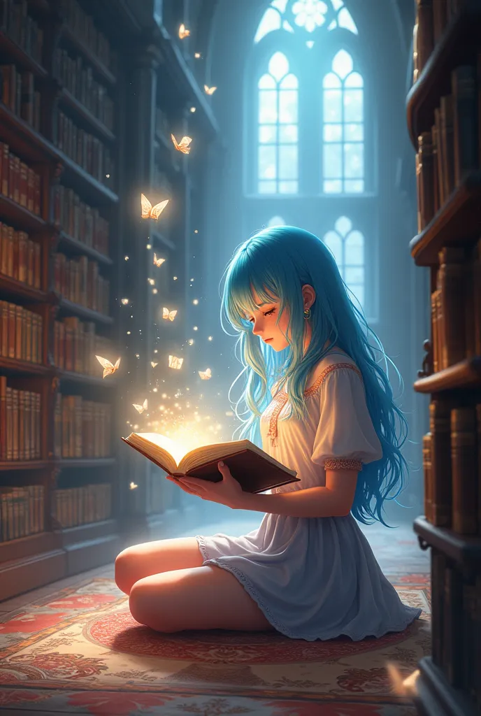 A young woman, 20 years old, a blend of anime and realism, with radiant blue hair, sitting on the floor of a fantastical library. She is holding an open book, deeply engrossed in reading, as magical effects of light, particles, and origami shapes emerge fr...