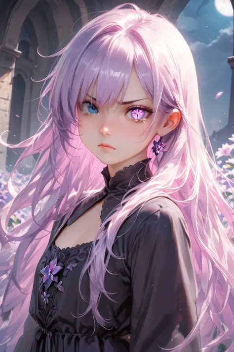 (masterpiece), (best_quality), (Detailed_Eyes), (semi_realistic), (girl), (fantasy), (8k), very long purple hair, (two_color_eye: 1.2), white left eye, purple right eye, cute, small, sister, black blouse dress with purple secondary color, emotionless face,...