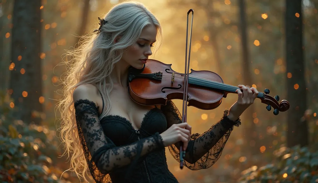 A mesmerizing, hyper-realistic image of a beautiful woman with long silver hair flowing behind her, playing the violin with an ethereal glow surrounding her. She wears a black, lacy corset dress with sheer sleeves, adding to her mysterious allure. Her pose...