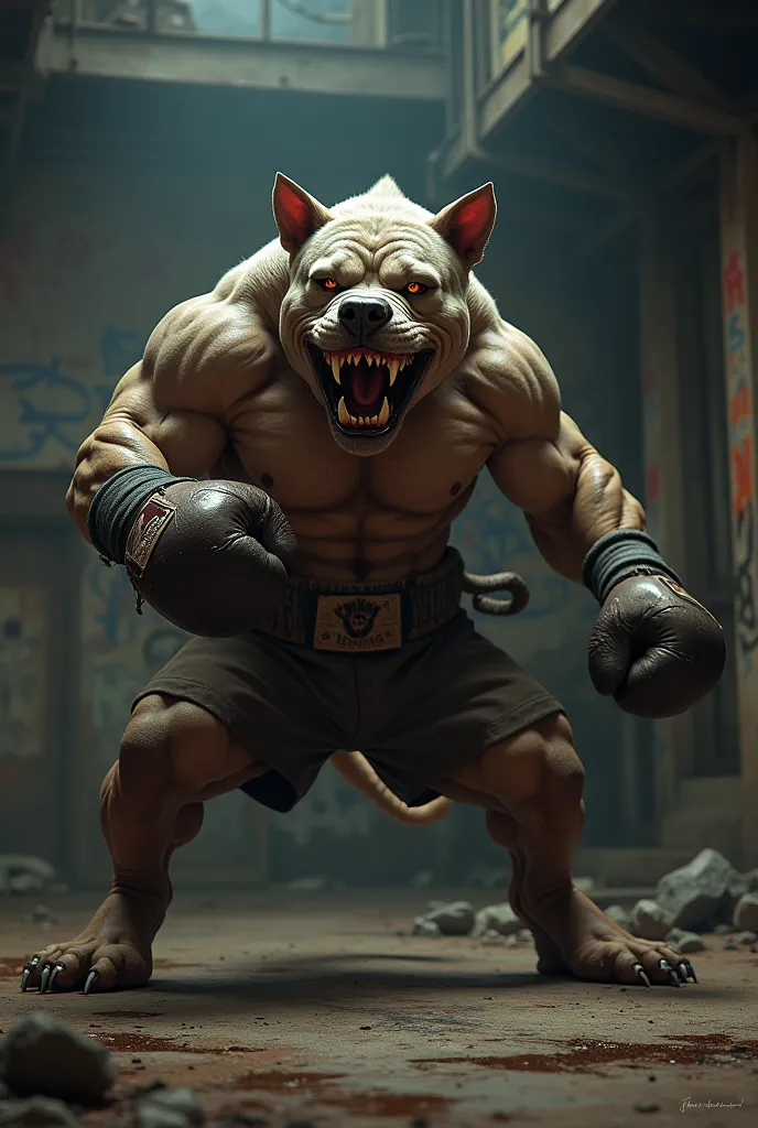 a muscular and angry pitbul with a human aspect, wearing boxing gloves