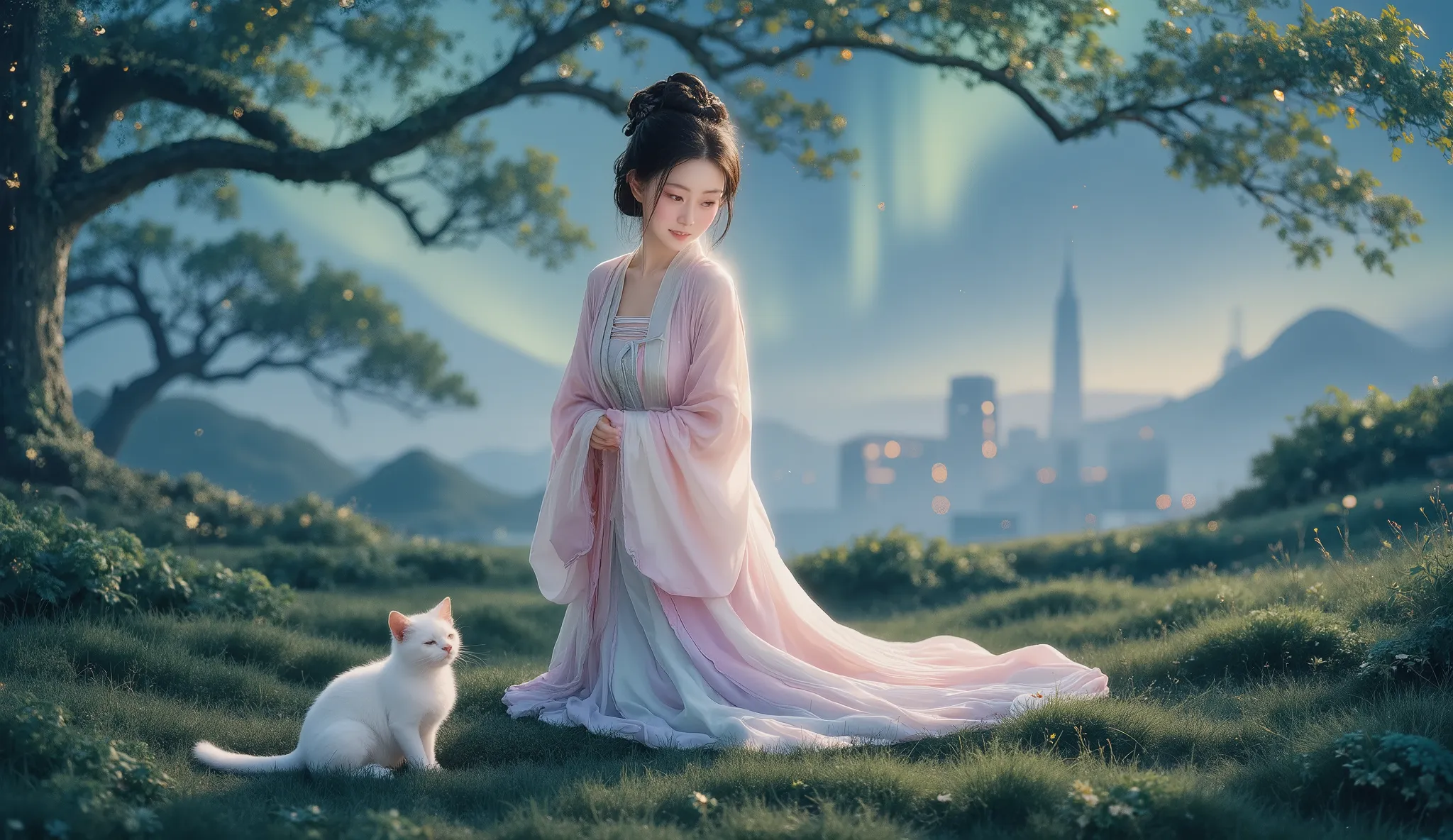 A semi-realistic illustration of a young woman standing under a night sky filled with dazzling stars and a faint aurora, symbolizing the beauty and magic of love. She wears a modernized Hanfu-inspired dress in soft pastel shades of pink and lavender, gentl...