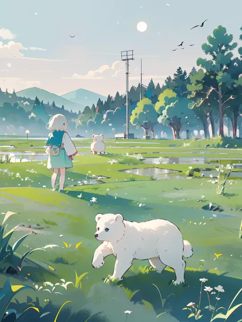 ((A few white bears))，(Playing in the field , Rice field， are cute white bears ,  cute girls),  Ghibli Style Backgrounds ,  mascot character style ， cute picture book style illustration , ,  Gentle Soft Lighting,  Cream, Giorgio Morandi tones,  thick line ...