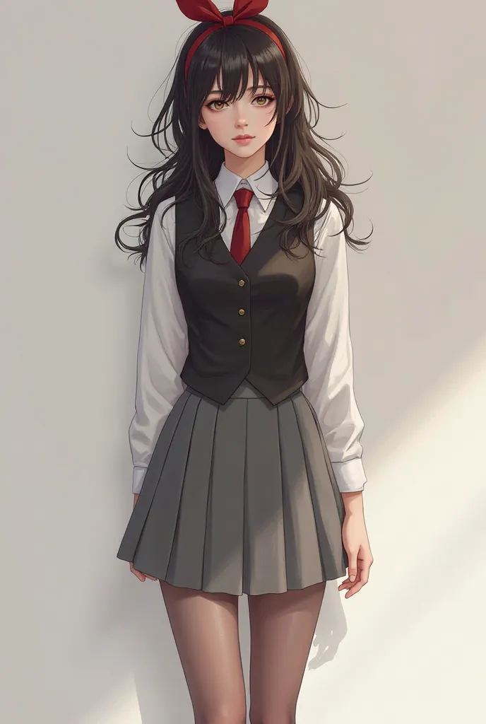 Woman with really dark but not black hair 18 years old, gray pleated skirt, pantyhoses, closed cone rounded heel shoes, a dark red headbow and a white shirt with a black vest and a dark red tie