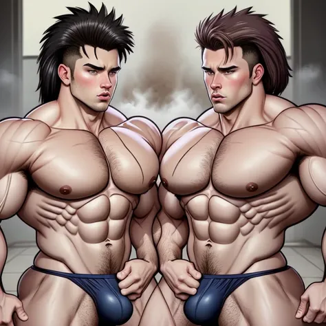 Two muscular dudes，bathhouse，Bathe together, Realistic, big biceps, big triceps, big traps, broad shoulders, big meaty pecs, big lats, big deltoids, big thighs, big calves, hyper crotch bulge, hyper muscles, hypnosis, hypnotized, musclehead, meathead, brai...