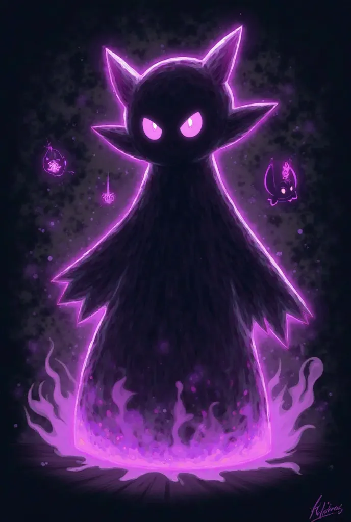 T-Shirt Color: Black
Main illustration: Haunter in a dark and spooky style, theme with a purple glow around her body to highlight her ghostly aura.
Bottom: Purple smoke effects surrounding,  creating a mysterious effect .
 Extra Details : Small sprites of ...