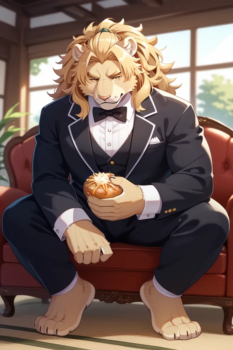 furry、High Resolution, kemono 、male、White Lion 、 Beast Man、chubby、 Golden Hair、golden eyes, serious face、ponytail, top quality, bungs,  maple, Disheveled Hair, full body、tuxedo、Carrying fine food