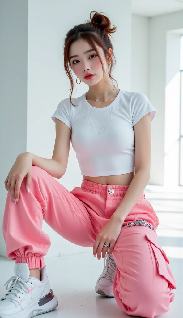 A lively fusion of futurism and monochrome minimalism featuring a 20-year-old cute korean model with an hourglass figure, pinggang yang sangat ramping, dan kepala kecil dengan maroon bun hair dan mata biru besar. She wears a fitted white t-shirt with a bod...