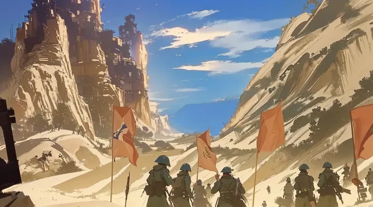 Many people walking in the desert with flags, painted as a game Concept map, background:  battle scene, speedpaint, 快speedpaint画, invading army background, Concept map for a video game, digital painting Concept map, Concept map scene, painterly Concept map...