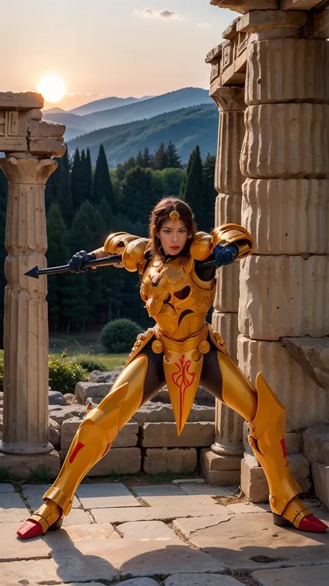 professional photography,cinematic movie still,The picture is very clear,Raw image, 8k super realistic , 1 man  20 yo ,Japanese ,Hyoga Heavenly yellow  armor,solo, weapon,shoulder armor,shield,Attack stance,Chains in the hands,Helmet,Iron Armor, shield,Att...