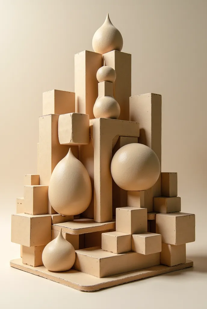 geometric figures, with volumes, forms, on a three-dimensional plane, best quality photo, intricate details, realistic artwork,  quality materials , cardboard, papercraft , Cardboard; polystyrene , color.