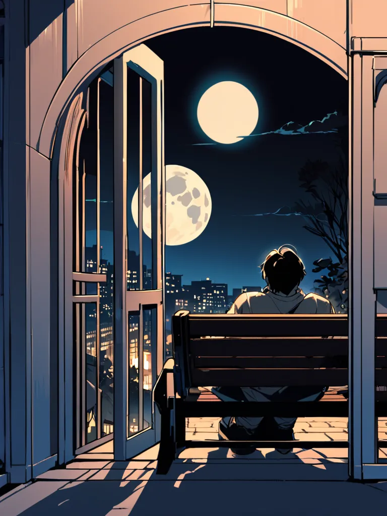 A man seats on a park bench, looks like he's calling some one through his cell phone, Night time, big moon, the man looking at the moon, a man from behind view