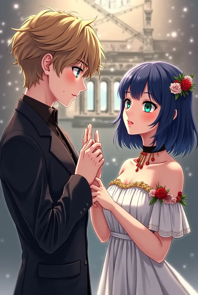 Combine these two characters in one picture. The picture of a boy offering a ring to the girl to accept for marriage while wearing an elegant black suit and the girl wearing a short white open shoulder dress. The girl's eyes are also green and her hair is ...