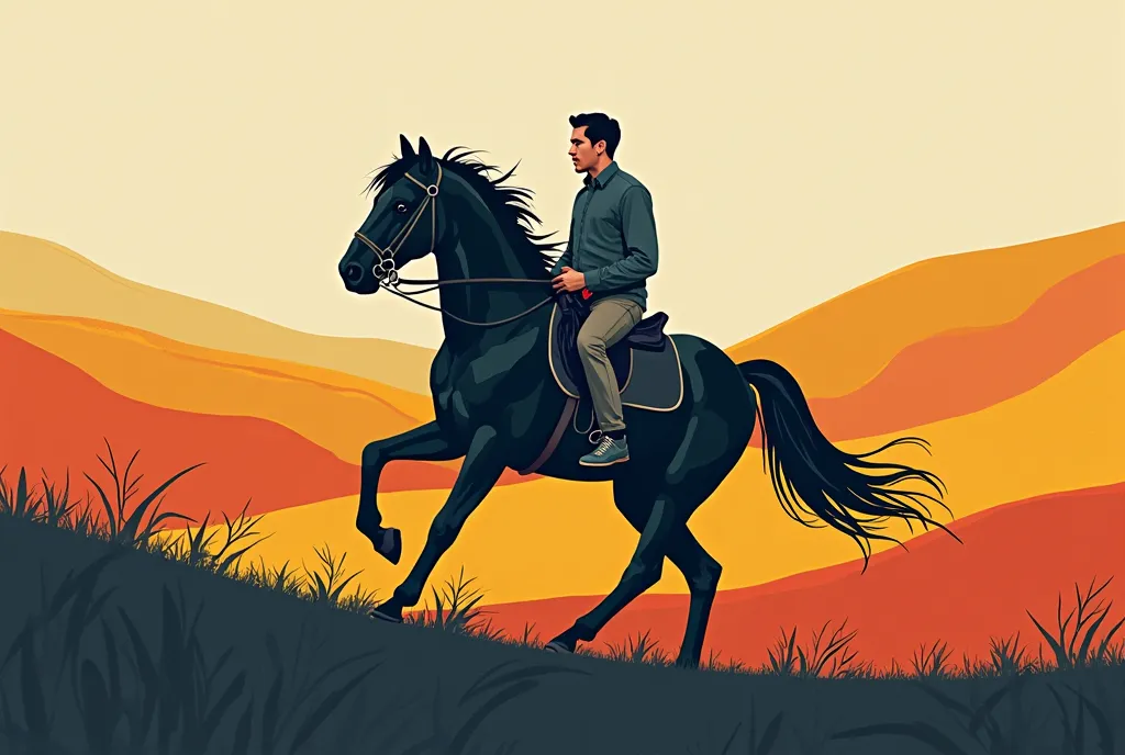 Illustration, colored, a man, riding a majestic black horse, side profile, countryside,, ((ONLY STRAIGHT LINES)), shapes and objects, modern art