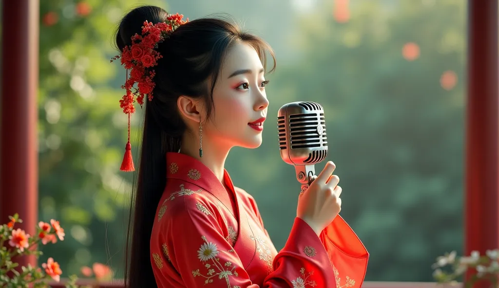 create a girl wearing a red colour hanfu singing with a 50s microhphone 