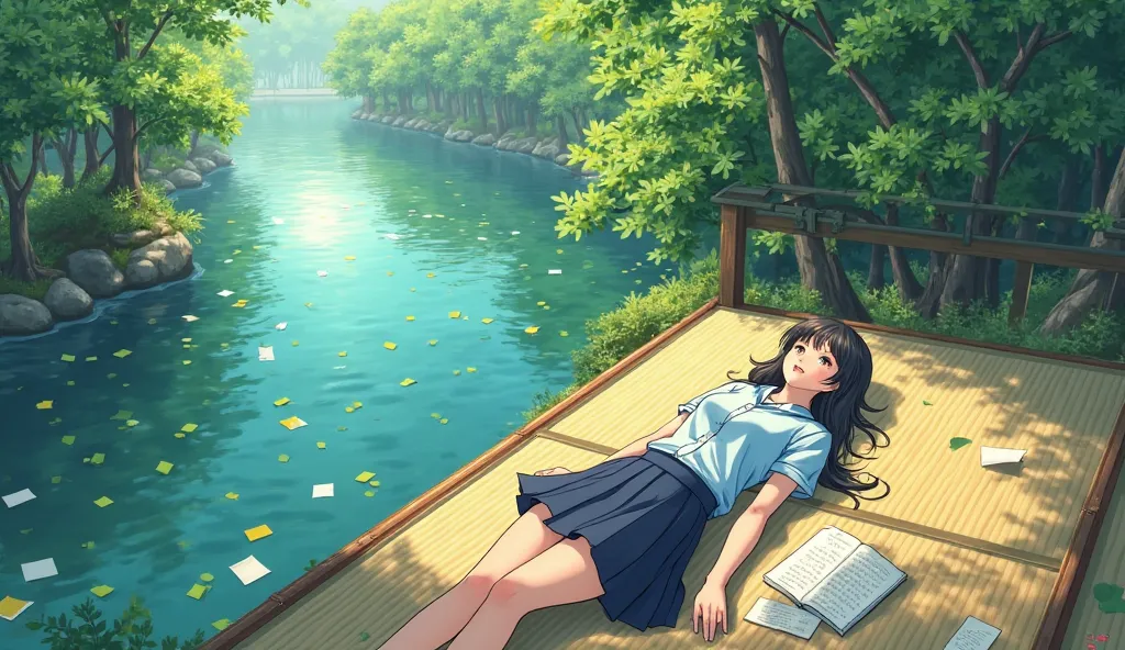 A breathtaking anime-style illustration of a young girl lying peacefully on a traditional tatami mat platform, surrounded by lush greenery and overlooking a crystal-clear river. She wears a classic school uniform consisting of a light blue blouse and a nav...