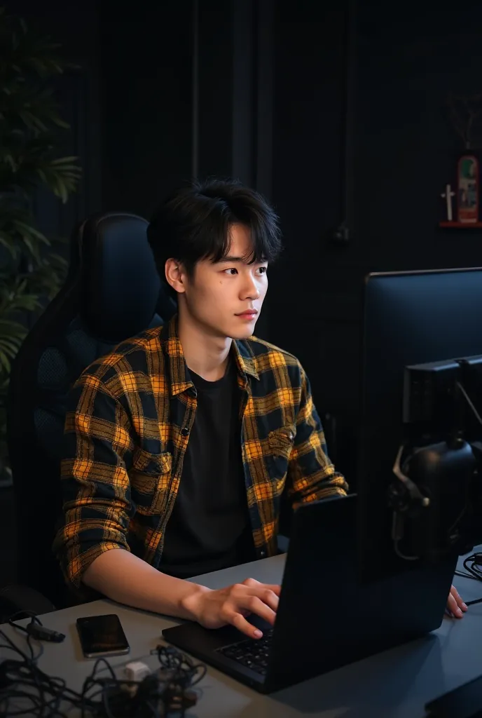 A 21- year- old man is sitting in front of a computer desk with a mic and laptop wearing a black and yellow checked shirt and has black hair and is set against a black themed background