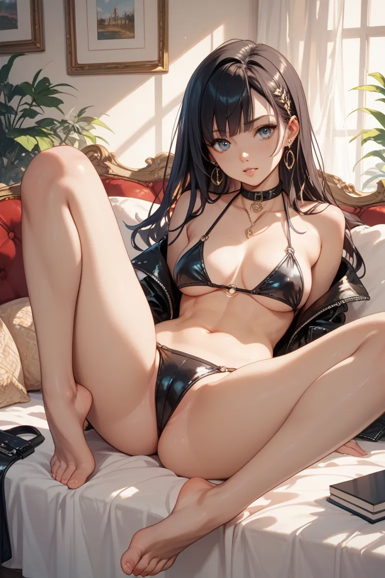 In a black leather bikini from the front。Nymphomaniac who opens his legs , opens legs, it still tempts me even when my hands are tied behind my back