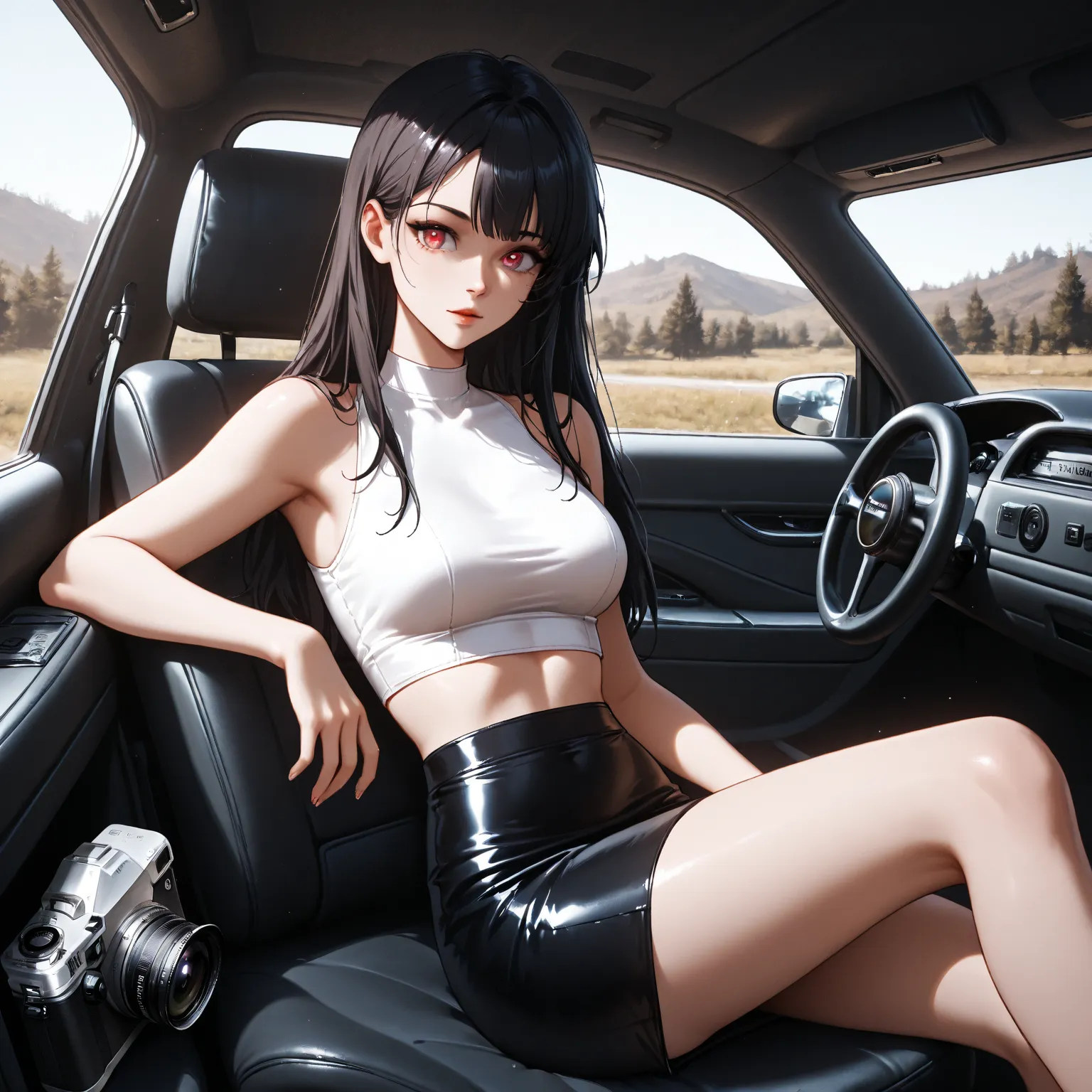 1 girl, , Inside the car ,  sexy,  long hair,  long hair , Beautiful eyes , White crop top, skirt, precipice,  camera