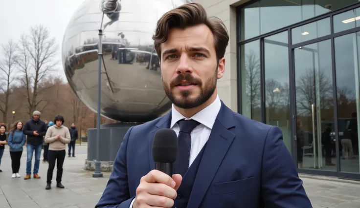 A handsome young man, European features, dark brown hair, hazel eyes, beard, news reporter, news microphone in hand, outside a modern government CERN facility, large chrome ball statue, statue of lord Shiva, four hands, lord of dance, glass windows and doo...