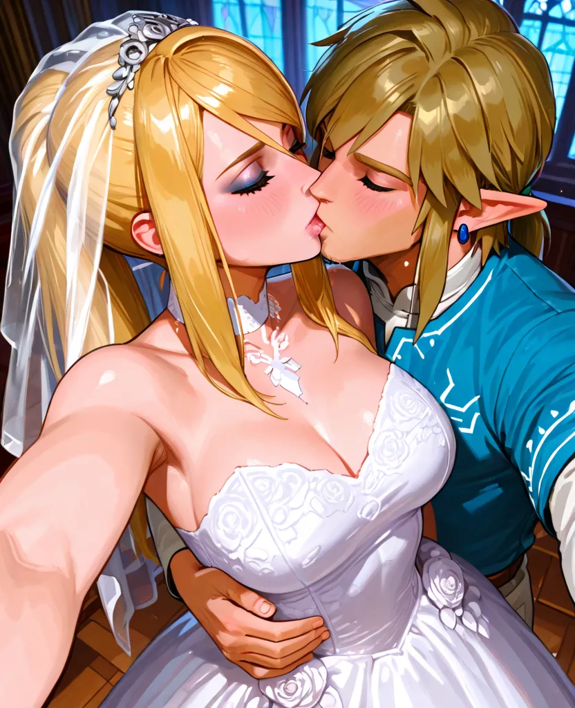 Link and Samus Aran, makeup, medium breasts, ,  , In a church at night, wedding dress, Link hug her from behind, Selfie from above., Kiss between 2 , 